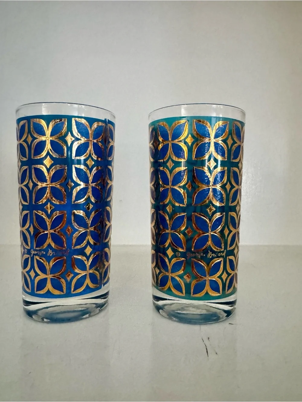 Vtg Georges Briard Firenze Highball Glasses Cobalt Blue Teal 22k Gold MCM Set 2